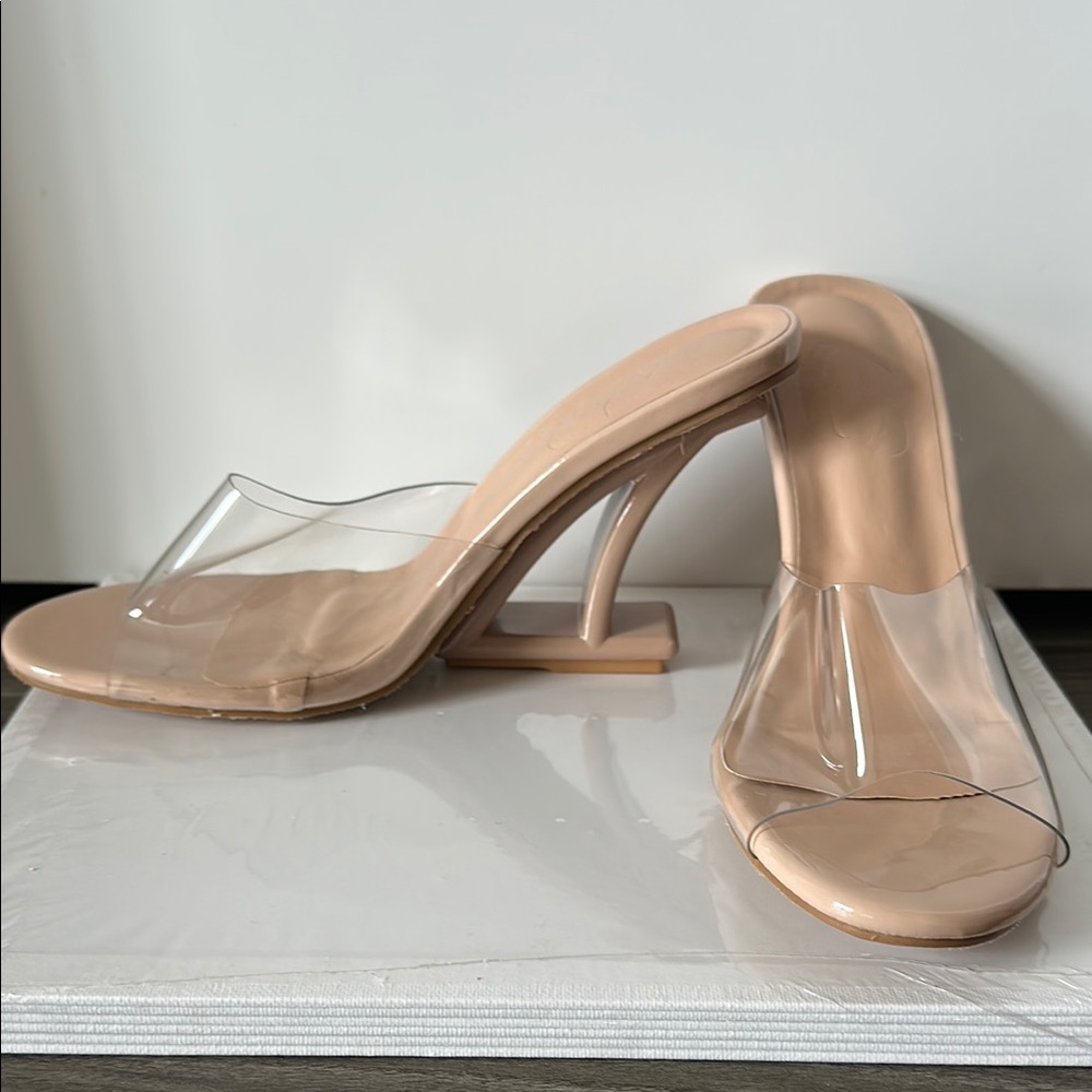 Source Unknown Tan Heeled Mules with Transparent Strap